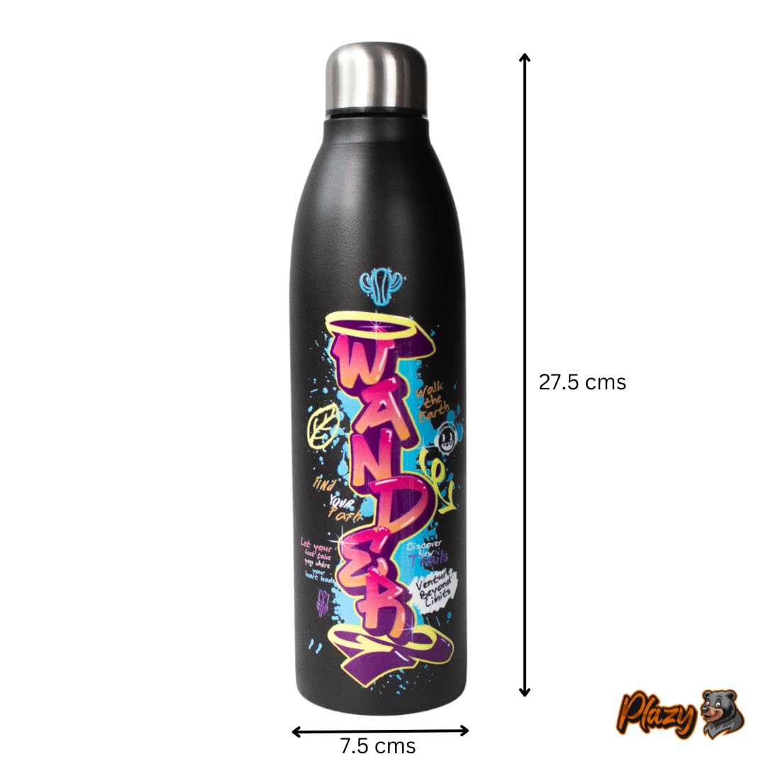 Plazy Water Bottle | Stainless Steel | Wander | Colour: Black | 1000ml