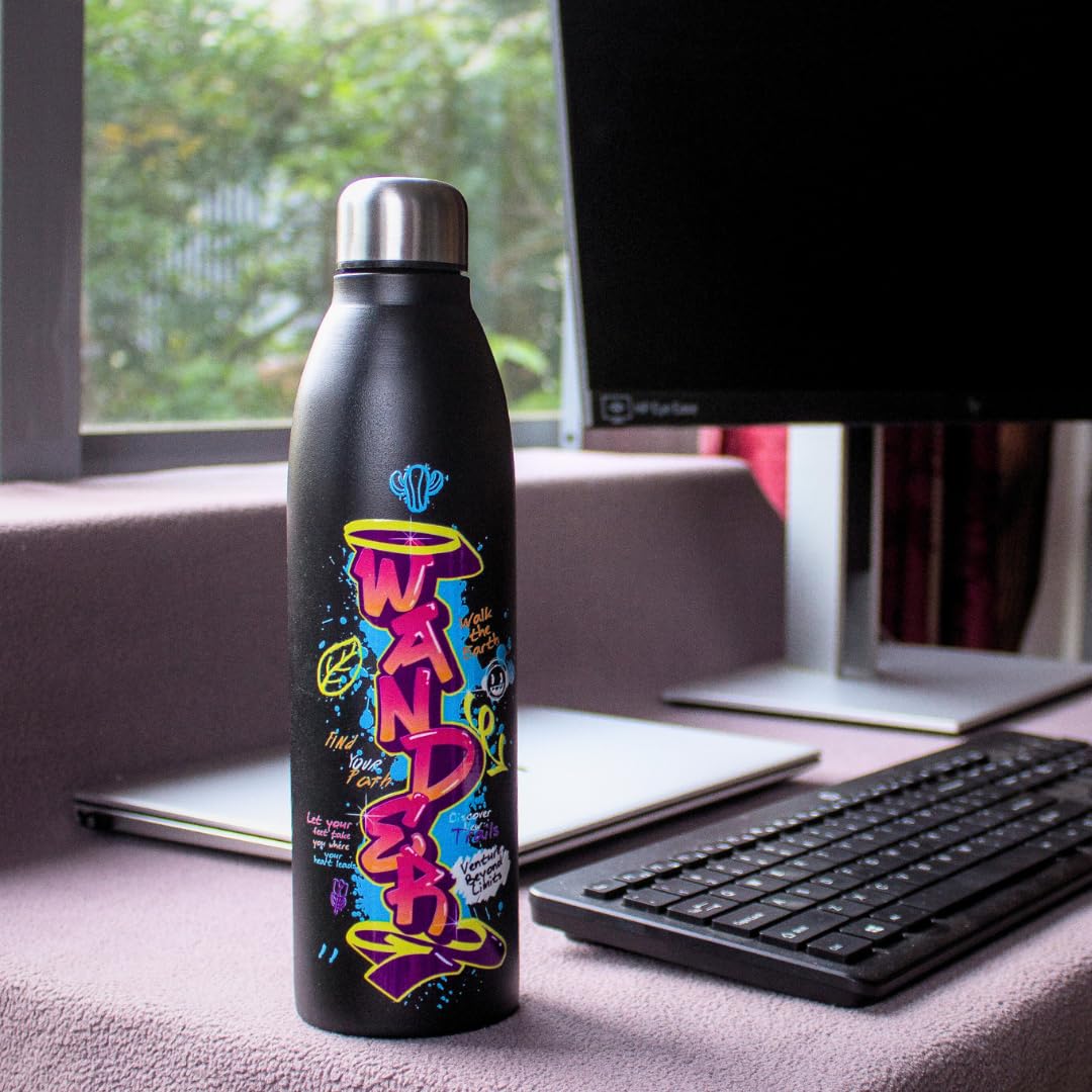 Plazy Water Bottle | Stainless Steel | Wander | Colour: Black | 1000ml
