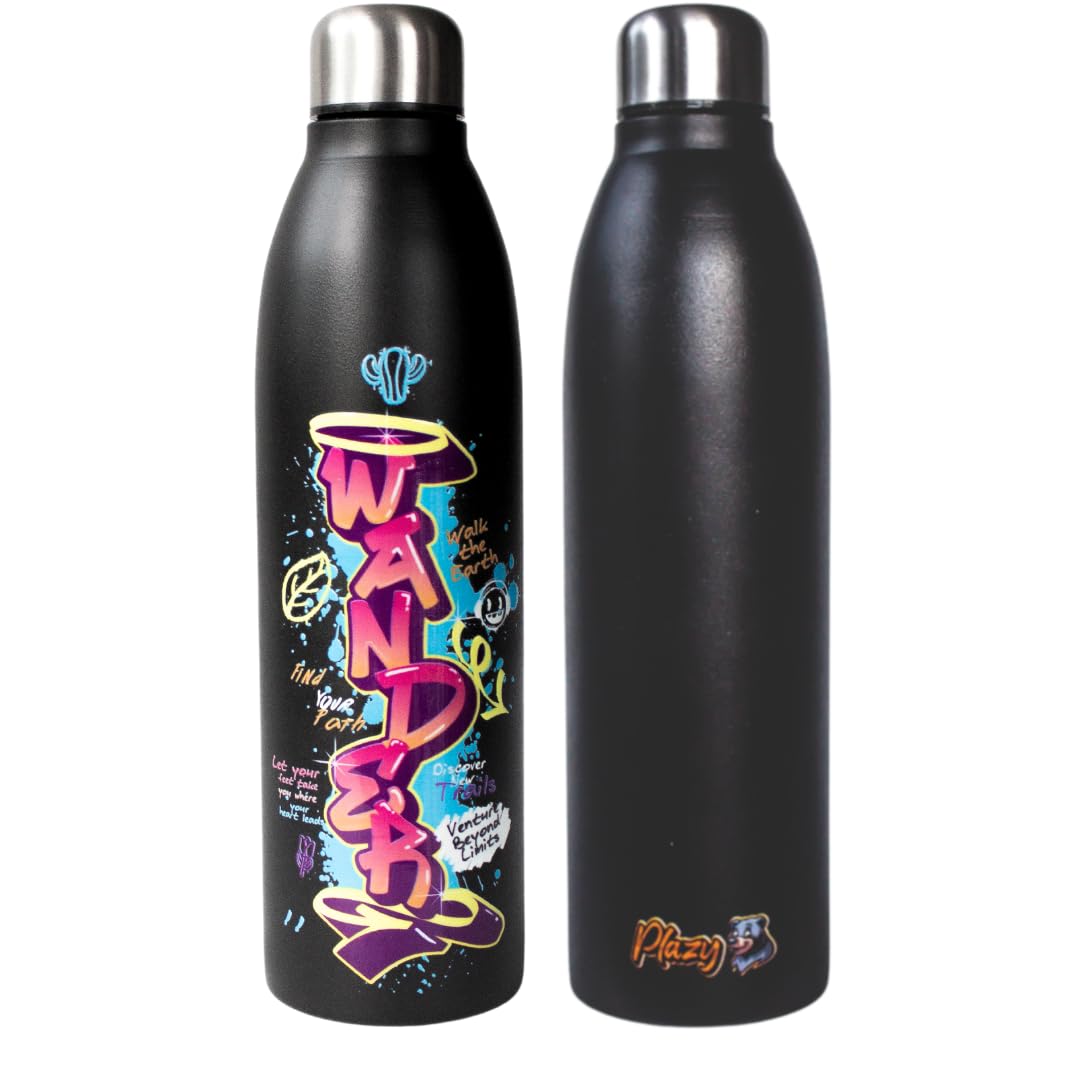 Plazy Water Bottle | Stainless Steel | Wander | Colour: Black | 1000ml